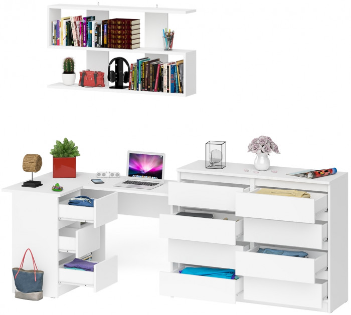 Мори компьютерный стол МС-16 левый + Комод МК1200.8 + Полка 1200, белый