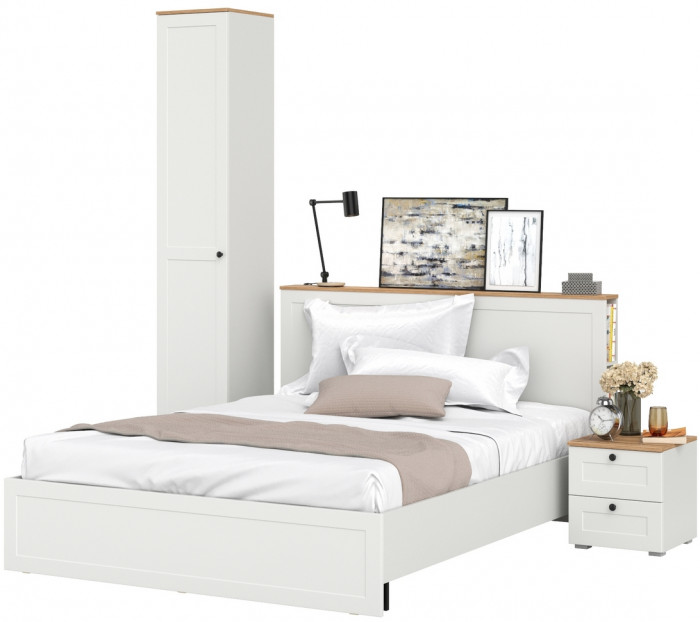 Остин 11.53 Кровать + ортопед + 13.227 Шкаф-пенал + 16.152 Тумба прикроватная, белый шагрень/дуб крафт золотой