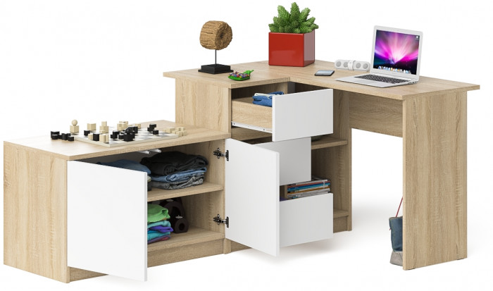 Мори Стол компьютерный МС-16 левый + Тумба МА900.1, цвет дуб сонома/белый, ШхГхВ 214,8х84,9х76,6 см., выдвижные ящики слева, НЕ универсальная сборка