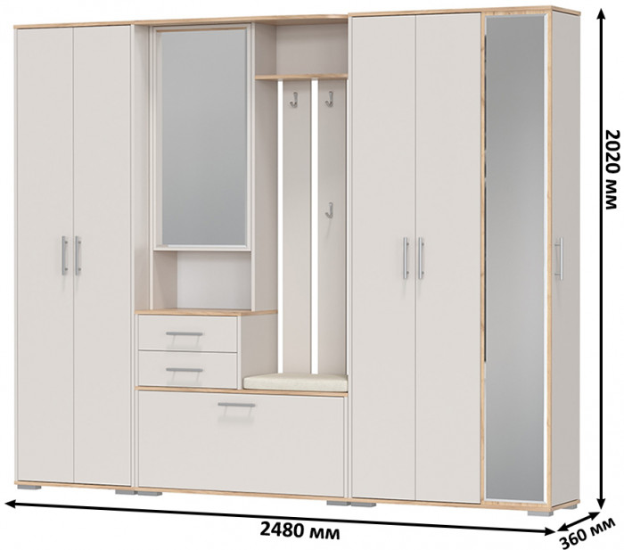 Прихожая Домино 6, цвет дуб крафт золотой/кашемир серый, ШхГхВ 248х36х202 см., универсальная сборка