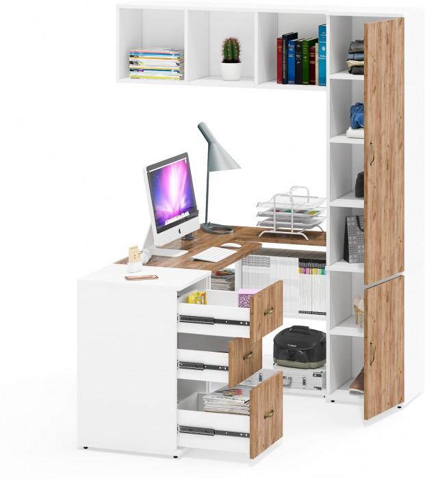 Лидер-8 Стол + Полка + Тумба МД 3.16 + Пенал МД 22Б, белый шагрень/крафт золото