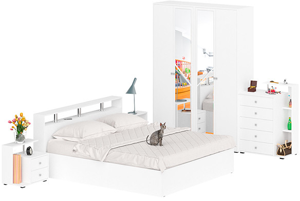 Камелия спальня № 4 Кровать 1800 + Две тумбы + Комод + Шкаф 4-х створчатый, цвет белый, сп.м. 1800х2000 мм., б/м, основание есть