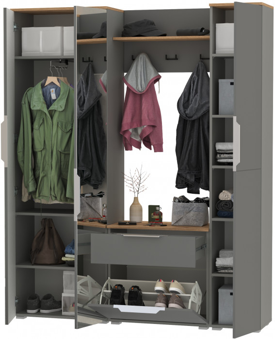 Октава Прихожая 22, цвет серый графит/дуб крафт золотой/фасады МДФ серый графит, ШхГхВ 161,5х35,4х197,6 см., универсальная сборка