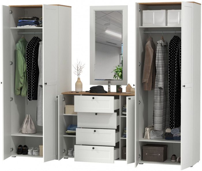 Остин Прихожая 26, цвет белый шагрень/дуб крафт золотой, ШхГхВ 280х54,3х229,6 см., универсальная сборка