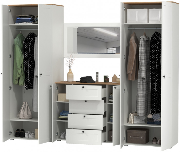 Остин Прихожая 26, цвет белый шагрень/дуб крафт золотой, ШхГхВ 280х54,3х229,6 см., универсальная сборка