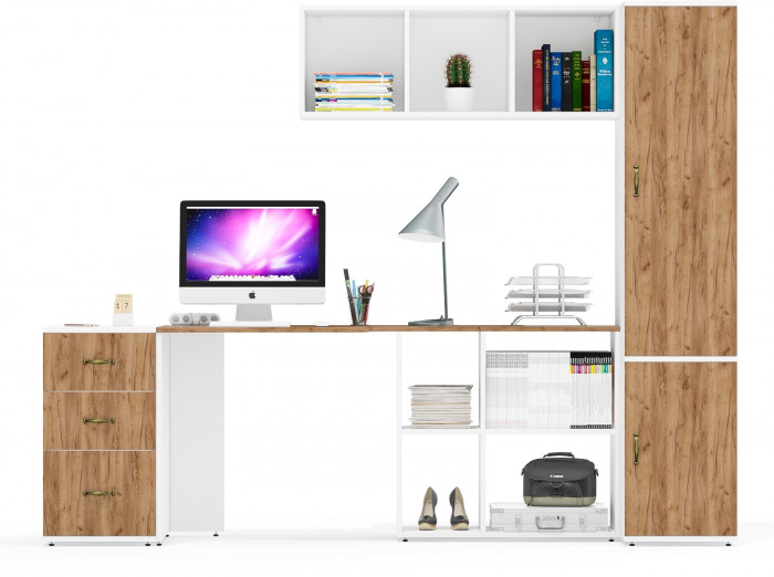 Лидер-8 Стол + Полка + Тумба МД 3.16 + Пенал МД 23Б, белый шагрень/крафт золото