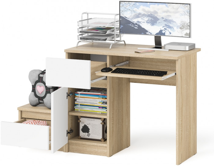 Мори компьютерный стол МС-1 левый + Тумба ТМП400.1, дуб сонома/белый
