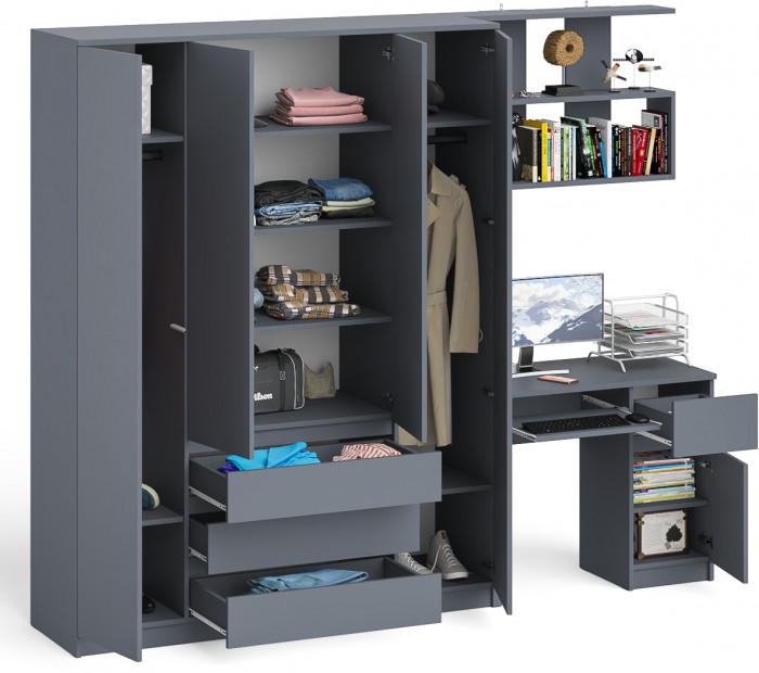 Мори компьютерный стол МС-1 правый + Шкаф МШ1600.1 + Полка 900, графит