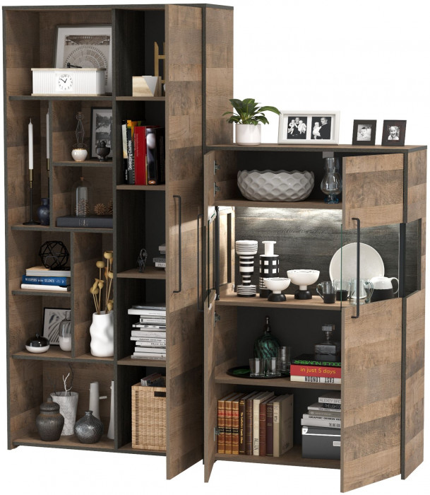 Трувор 13.206 Шкаф-стеллаж + 13.306 Комод с витриной, дуб гранж песочный/интра