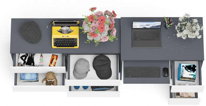 Мори компьютерный стол МС-6 правый + Комод МК1200.6, графит/белый