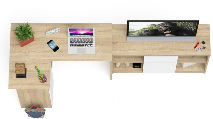 Мори Стол компьютерный МС-16 левый + Тумба МТВ1204.1, цвет дуб сонома/белый, ШхГхВ 244,8х84,9х76,6 см., выдвижные ящики слев, НЕ универсальная сборкаа