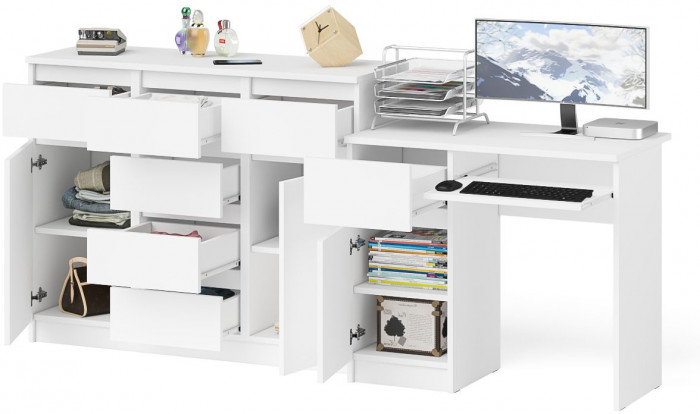 Мори компьютерный стол МС-1 левый + Комод МК1200.4, белый