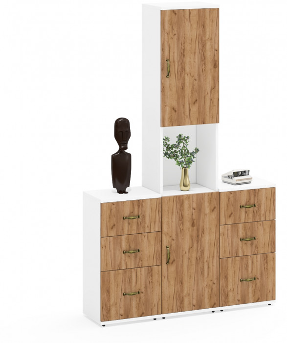 Лидер-8 Пенал + Тумба МД 3.16 + Тумба МД 3.16, цвет белый шагрень/крафт золото, ШхГхВ 120х50х190 см., универсальная сборка