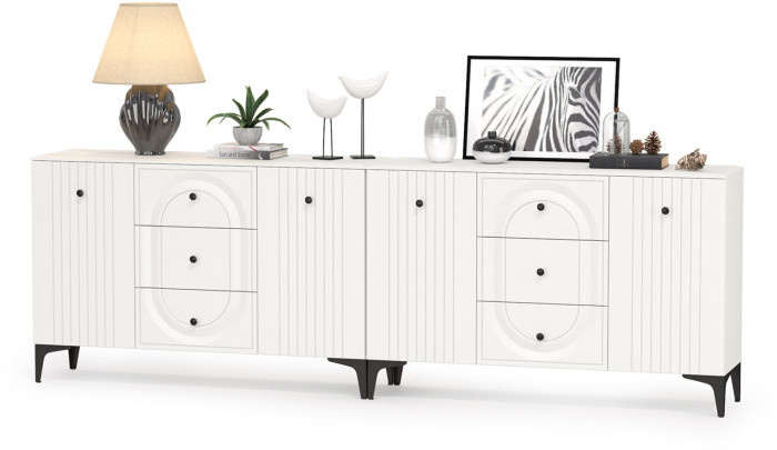 Валенсия Спальня 13.309 Комод + 13.309 Комод, цвет ЛДСП белый шагрень/МДФ белый шагрень, ШхГхВ 266,4х38,4х87,5 см.