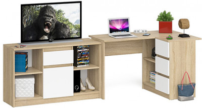 Мори Стол компьютерный МС-16 правый + Тумба МТВ1204.1, цвет дуб сонома/белый, ШхГхВ 244,8х84,9х76,6 см., выдвижные ящики справа, НЕ универс. сборка