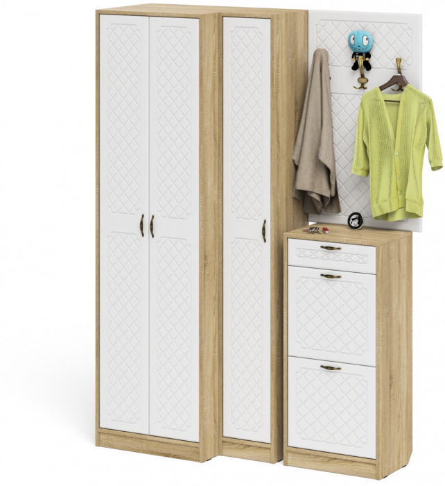 Прихожая П-6 Компоновка № 30, цвет дуб сонома/фасады МДФ белое дерево фрезеровка ромб, ШхГхВ 150х50х210 см., универсальная сборка