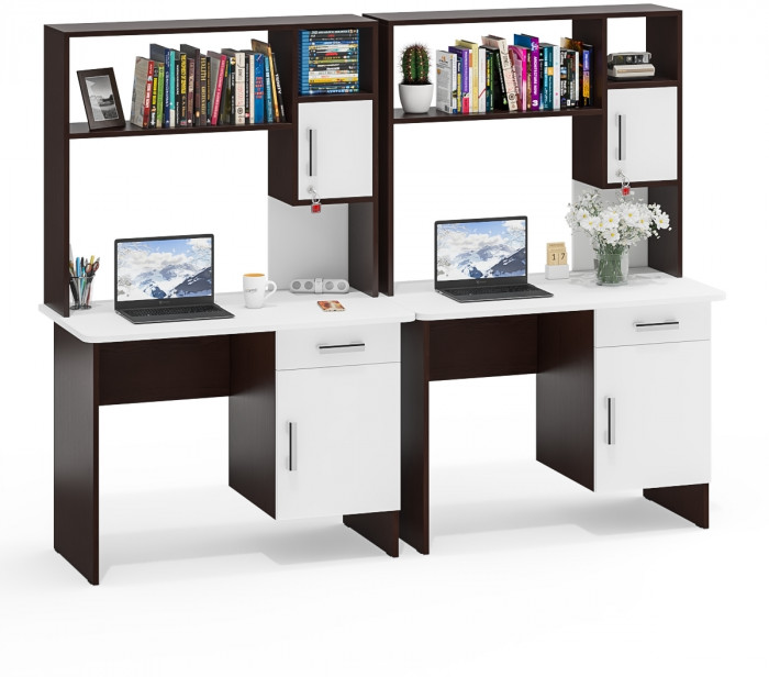Два стола письменных с надстройкой С-МД-1-09Н, венге/белый шагрень