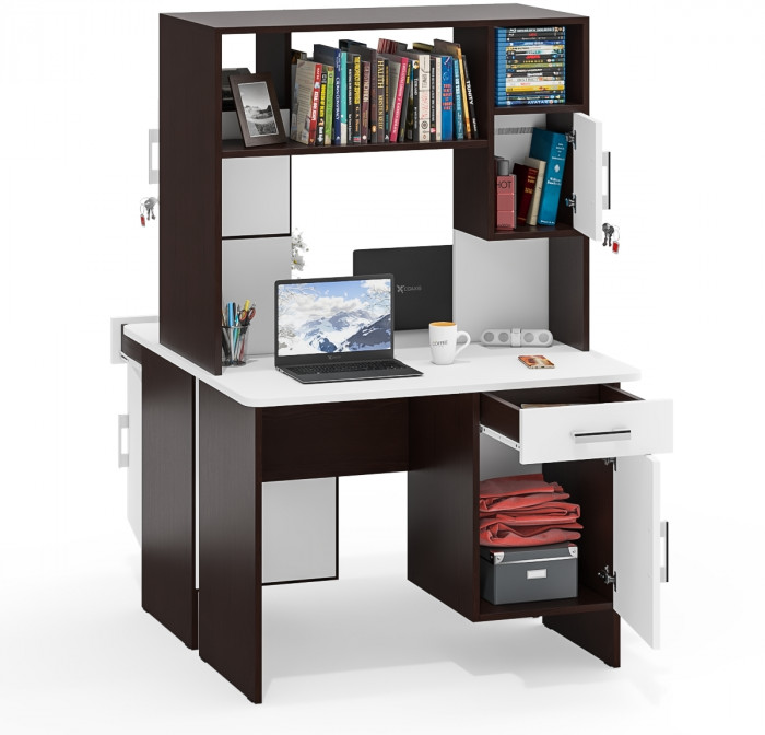 Два стола письменных с надстройкой С-МД-1-09Н, венге/белый шагрень
