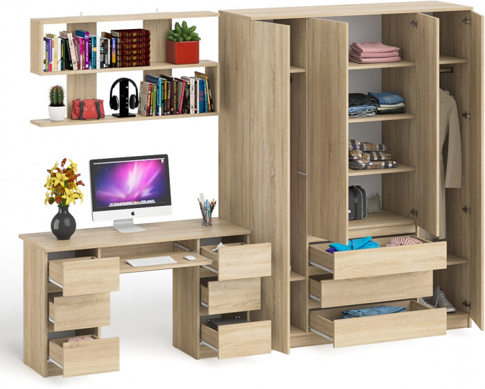 Мори компьютерный стол МС-2 + Шкаф МШ1600.1 + Полка 1200, дуб сонома