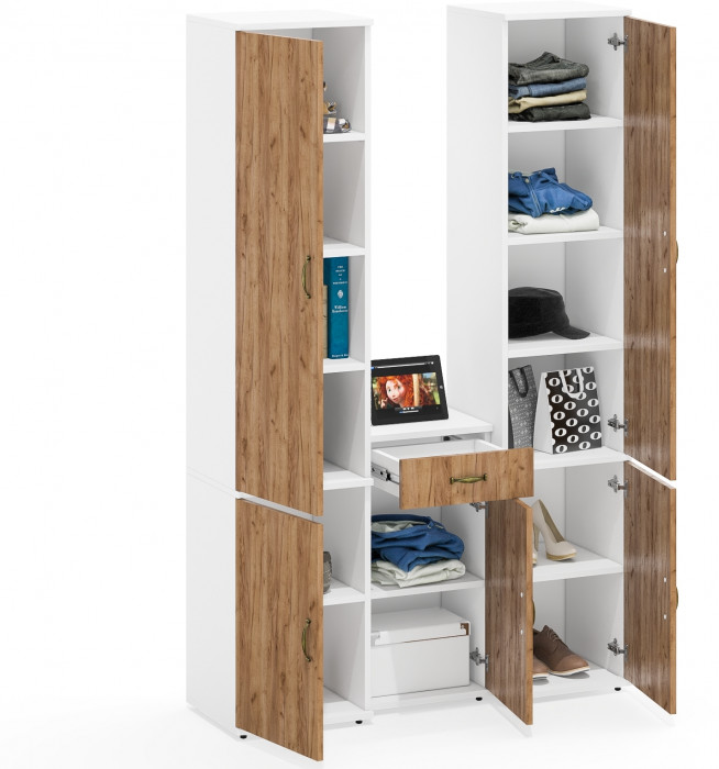 Лидер-8 Пенал МД 22Б + Пенал МД 22Б + Тумба МД 3.15, цвет белый шагрень/крафт золото, ШхГхВ 120х37,5х190 см., универсальная сборка