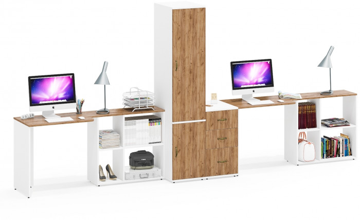 Лидер-8 Стол + Стол + Пенал МД 23Б + Тумба МД 3.16, цвет белый шагрень/крафт золото, ШхГхВ 410х50х75/190 или 270х120/50х75/190 см., НЕ ун. сб.