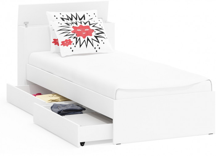 Ксения Кровать с ящиками 0900, цвет белый, ШхГхВ 96,4х221,6х72 см., сп.м. 900х2000 мм., без матраса, основание есть, универсальная сборка