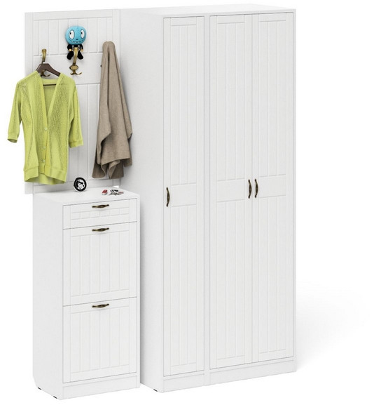 Прихожая П-6 Компоновка № 50, цвет белая шагрень/фасады МДФ белое дерево фрезеровка прованс, ШхГхВ 150х50х210 см., универсальная сборка