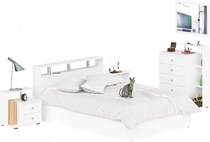 Камелия спальня № 5 Кровать 1400 + Две тумбы + Комод + Зеркало, цвет белый, сп.м. 1400х2000 мм., б/м, основание есть