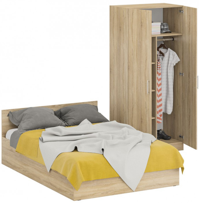 Кровать 1400 + Шкаф 2-х створчатый Стандарт, цвет дуб сонома, ШхГхВ 143,5х203,5х70 + 90х52х200 см., сп.м. 1400х2000 мм., без матраса, основание есть
