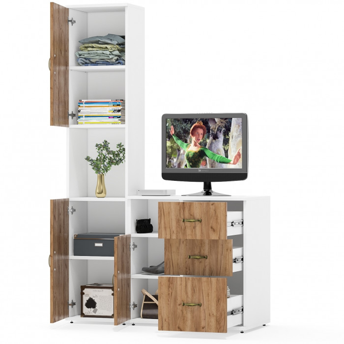 Лидер-8 Пенал + Тумба МД 3.16 + Тумба МД 3.19, цвет белый шагрень/крафт золото, ШхГхВ 120х50х190 см., универсальная сборка