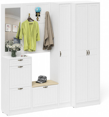 Прихожая П-6 Компоновка № 31, белая шагрень/фасады МДФ белое дерево фрезеровка прованс