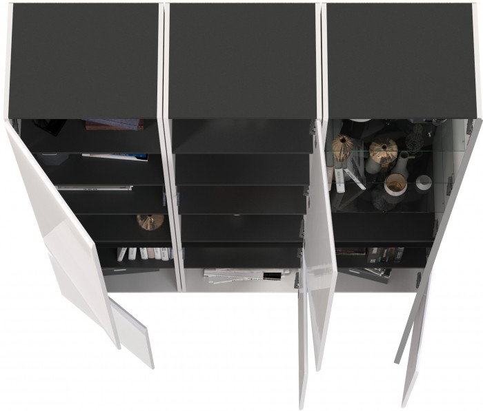 Сидней 13.200 Шкаф 2 штуки + Шкаф-витрина 13.201, корпус: белый/чёрный/фасады: МДФ белый глянец/стекло