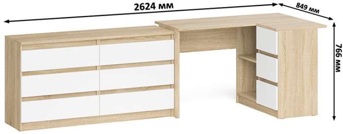 Мори компьютерный стол МС-16 правый + Комод МК1380.6, дуб сонома/белый