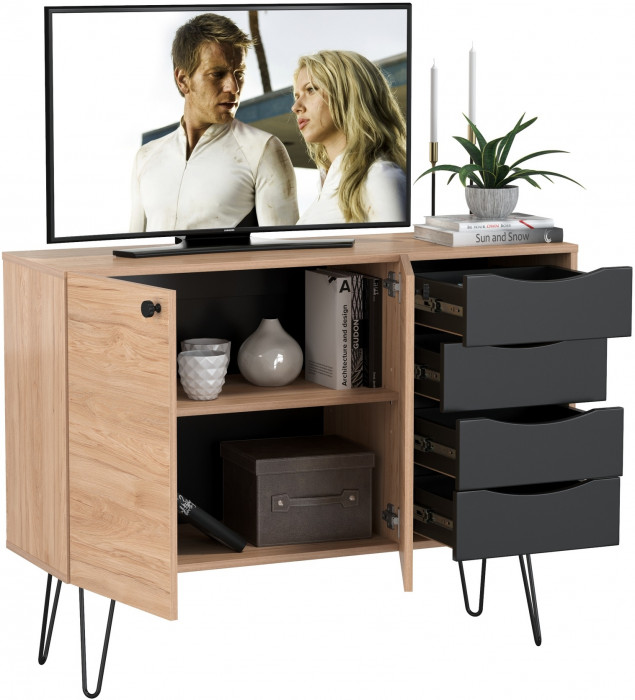 Брюс Комод-тумба 16.233, цвет чёрный/Battle rock Santiago, ШхГхВ 113,4х38,3х85,6 см., универсальная сборка, две дверки и четыре выдвижных ящика