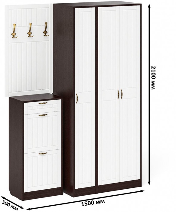 Прихожая П-6 Компоновка № 50, цвет венге/фасады МДФ белое дерево фрезеровка прованс, ШхГхВ 150х50х210 см., универсальная сборка