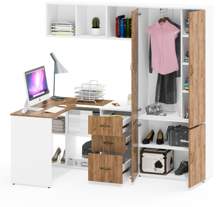 Лидер-8 Стол + Полка + Тумба МД 3.16 + Шкаф МД 20Б, белый шагрень/крафт золото