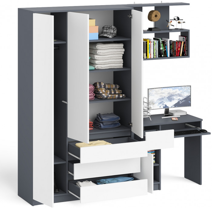 Мори компьютерный стол МС-1 левый + Шкаф МШ1200.1 + Полка 900, графит/белый