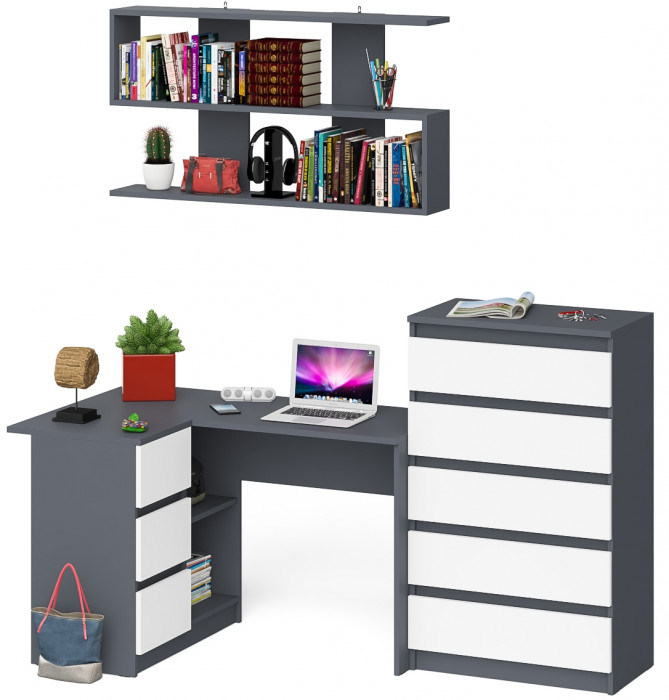 Мори компьютерный стол МС-16 левый + Комод МК700.5 + Полка 1200, графит/белый