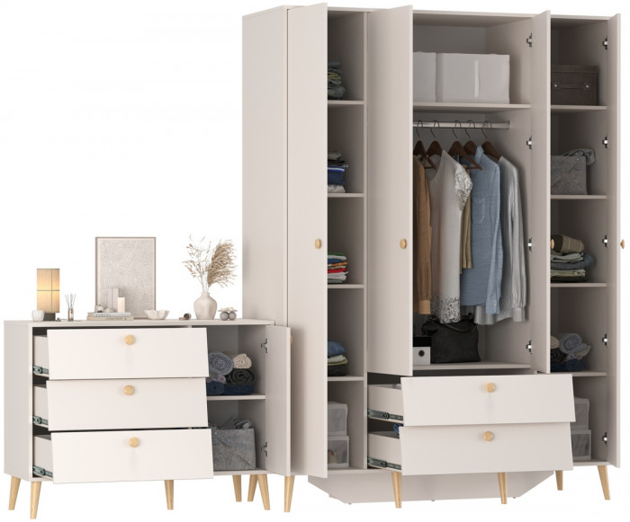 Афина Спальня Шкаф 4-х дверный + Комод с дверкой и тремя ящиками, кашемир серый