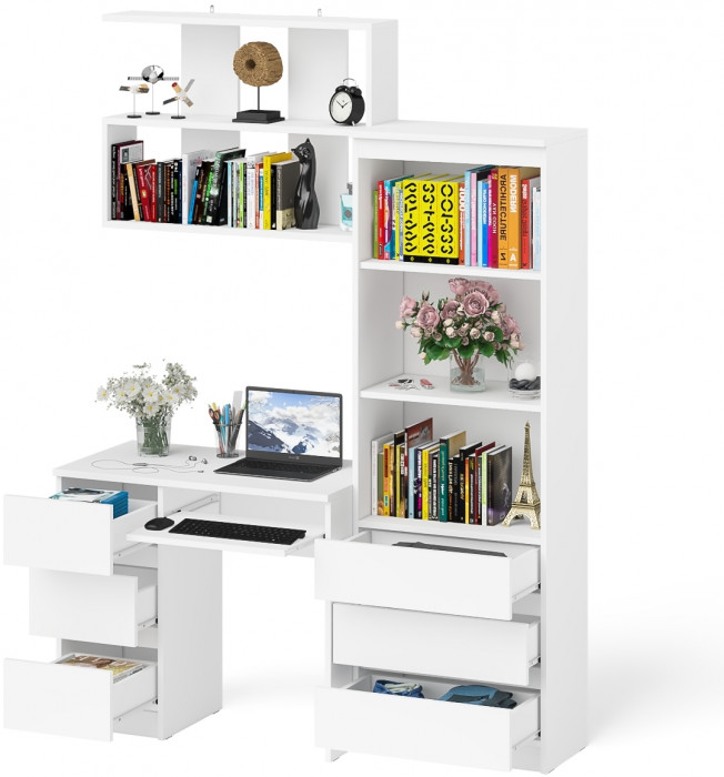 Мори компьютерный стол МС-6 левый + Стеллаж МСТ600.3 + Полка 900, белый