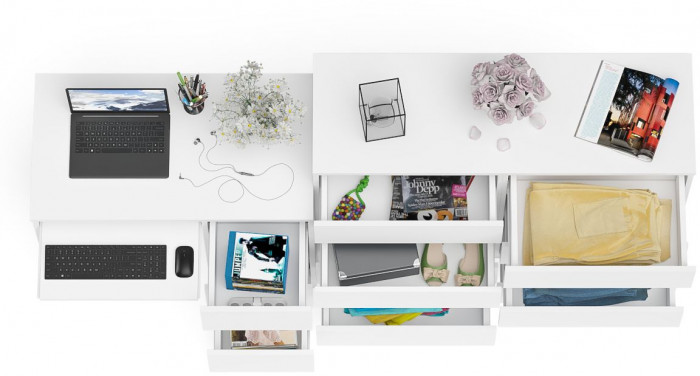 Мори компьютерный стол МС-6 правый + Комод МК1200.8, белый