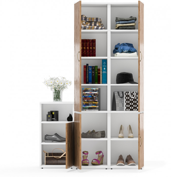 Лидер-8 Пенал МД 22Б + Пенал МД 22Б + Тумба МД 3.19, цвет белый шагрень/крафт золото, ШхГхВ 120х37,5х190 см., универсальная сборка