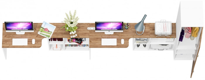 Лидер-8 Стол + Стол + Пенал МД 23Б, цвет белый шагрень/крафт золото, ШхГхВ 370х50х75/190 или 230х120/50х75/190 см., НЕ универсальная сборка