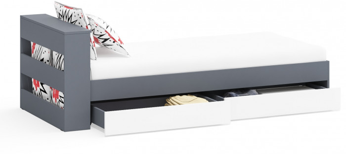 Ксения Кровать с ящиками 0900, цвет графит/белый, ШхГхВ 96,4х221,6х72 см., сп.м. 900х2000 мм., без матраса, основание есть, универсальная сборка