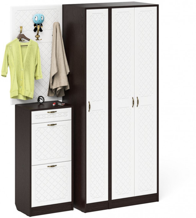 Прихожая П-6 Компоновка № 50, цвет венге/фасады МДФ белое дерево фрезеровка ромб, ШхГхВ 150х50х210 см., универсальная сборка