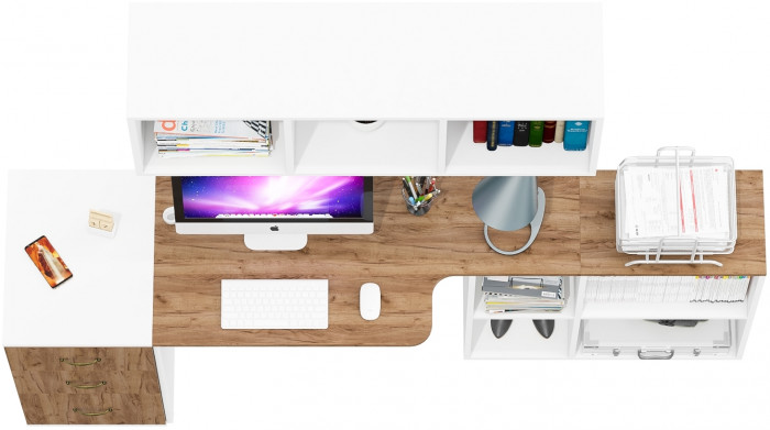 Лидер-8 Стол + Полка + Тумба МД 3.16, белый шагрень/крафт золото