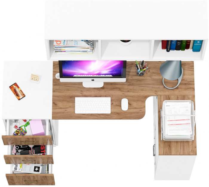 Лидер-8 Стол + Полка + Тумба МД 3.16, белый шагрень/крафт золото