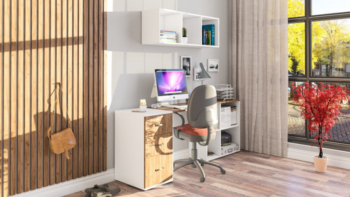 Лидер-8 Стол + Полка + Тумба МД 3.16, белый шагрень/крафт золото