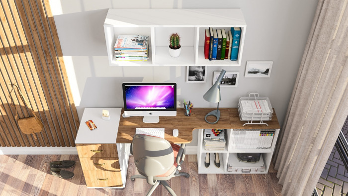 Лидер-8 Стол + Полка + Тумба МД 3.16, белый шагрень/крафт золото