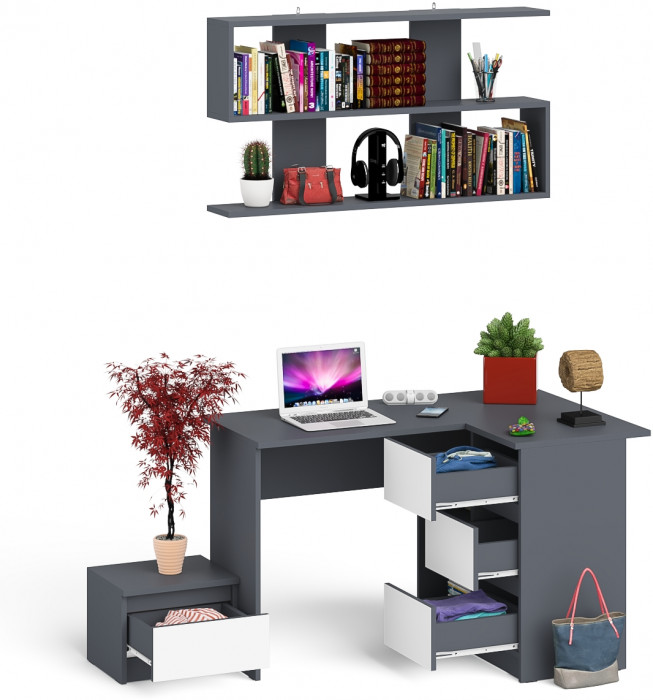 Мори Стол компьютерный МС-16 правый + Тумба ТМП400.1 + Полка 1200, цвет графит/белый, ШхГхВ 164,8х84,9х209,6 см., НЕ универсальная сборка